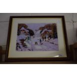 Winter street scene, reproduction print, framed and glazed