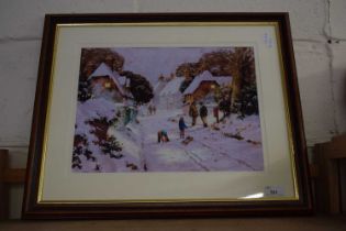 Winter street scene, reproduction print, framed and glazed