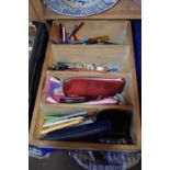 Wooden storage box and a quantity of assorted office and stationery supplies