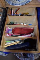 Wooden storage box and a quantity of assorted office and stationery supplies