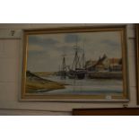 Boats in harbour, gouache on board by G R Sayers, framed