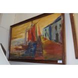 Contemporary continental boat scene, oil on board, framed