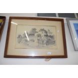 Pencil study of a cottage by a river, signed G Barnard 1897, framed and glazed