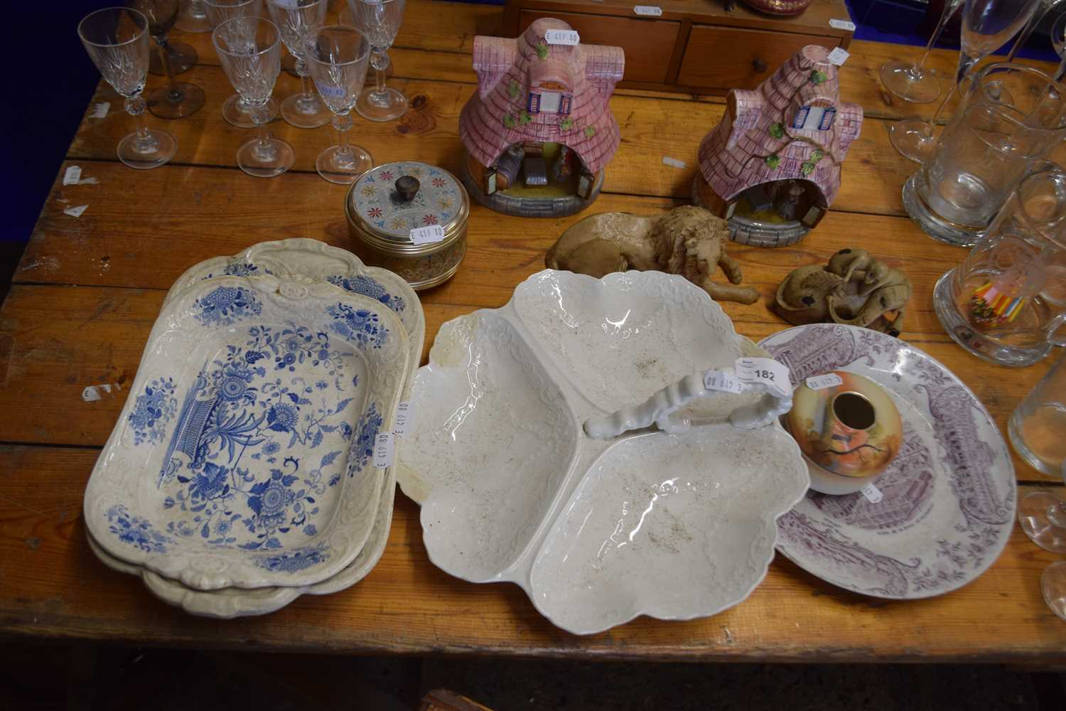 Mixed Lot: Small carved soapstone figure, hors d'oeuvres dish, blue and white serving dishes,