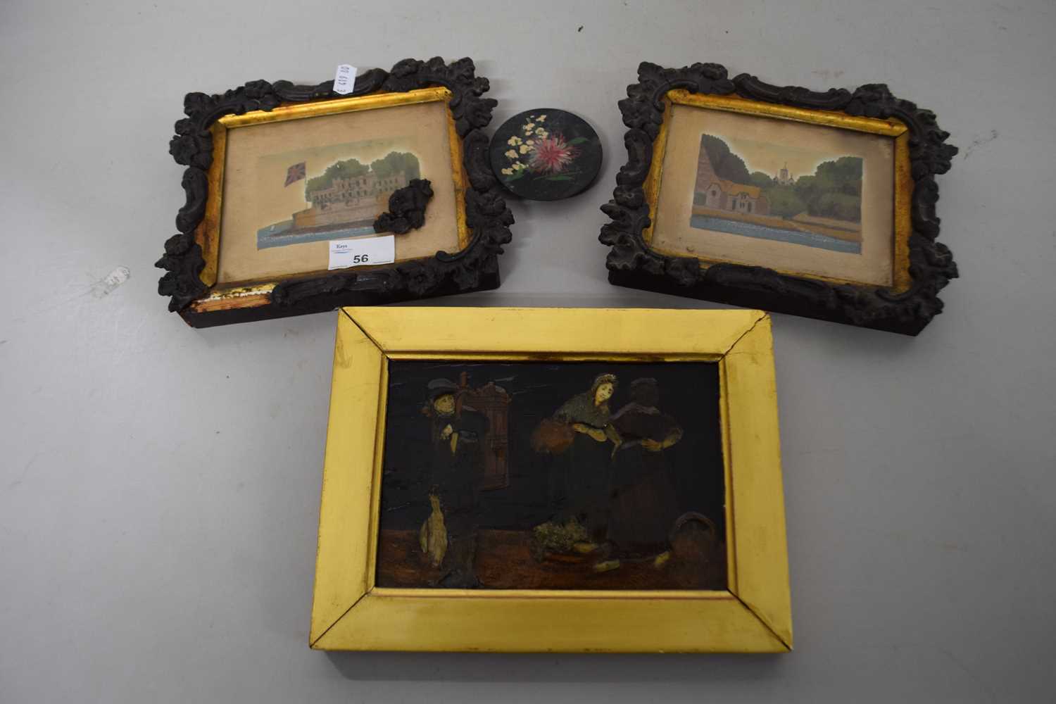 Mixed Lot: Pair of Victorian small sand work pictures together with a further lacquered mixed