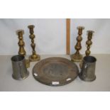 Mixed Lot: Brass candlesticks, pewter tankard, small serving tray etc