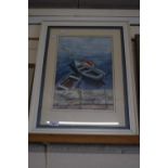 20th Century school study of moored boats, framed and glazed