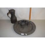 Mixed Lot: Large pewter plate, pewter covered jug and other items