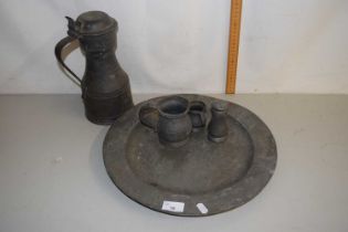 Mixed Lot: Large pewter plate, pewter covered jug and other items