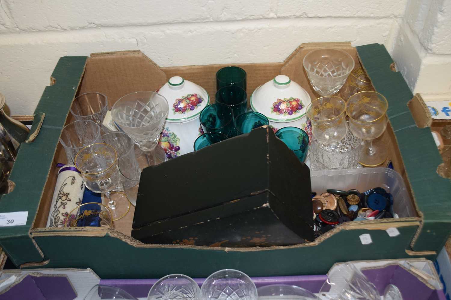Box of mixed items to include turquoise wine glasses, various buttons and other assorted wares