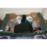 Box of mixed items to include turquoise wine glasses, various buttons and other assorted wares