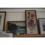 Mixed Lot: Small oil on board study of a lakeside scene and a tapestry picture of roses