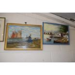 A modern continental oil on canvas study of a harbour scene together with a further modern oil of