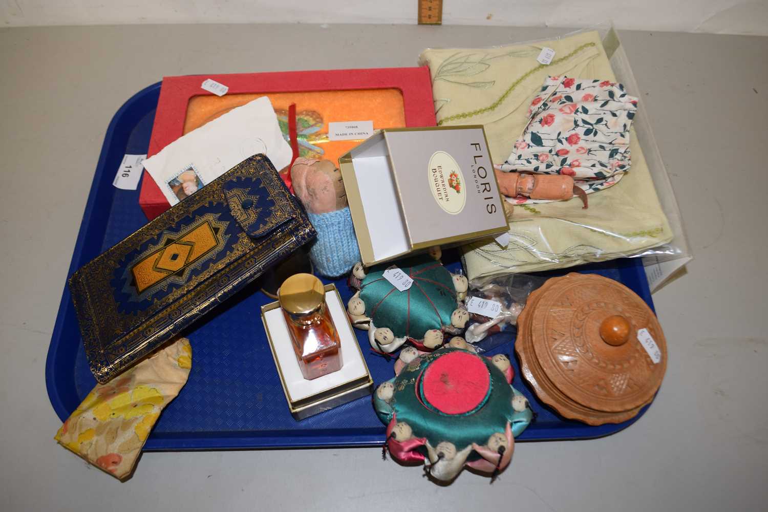 Mixed Lot: Various pin cushions, bottle of Floris perfume and other items