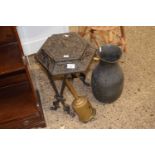 A Victorian aesthetic style stool or cover with iron body together with a large pewter vase and a