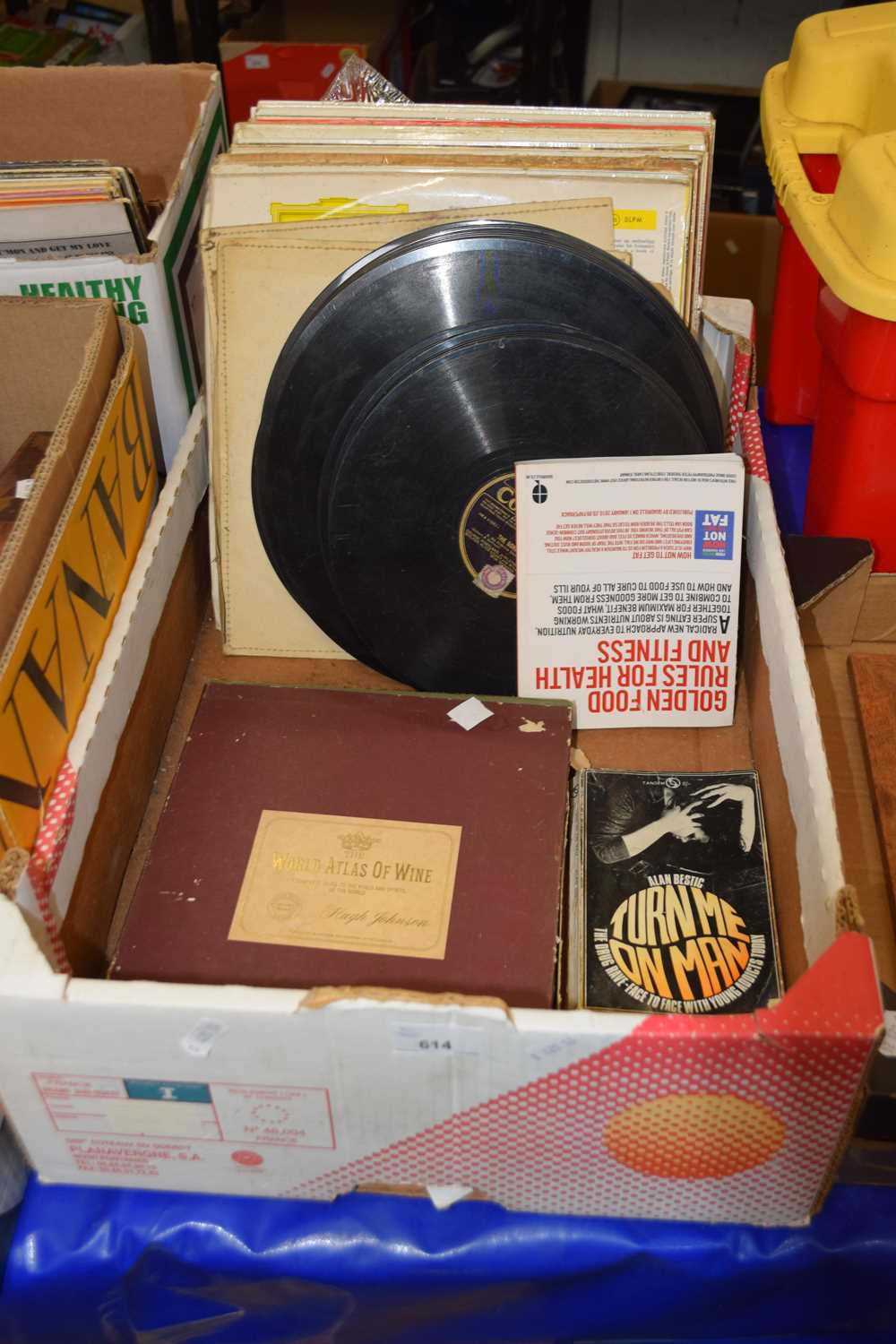 Box containing a quantity of vintage LP's and World Atlas of Wine