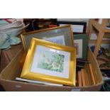 Large box containing a quantity of framed prints