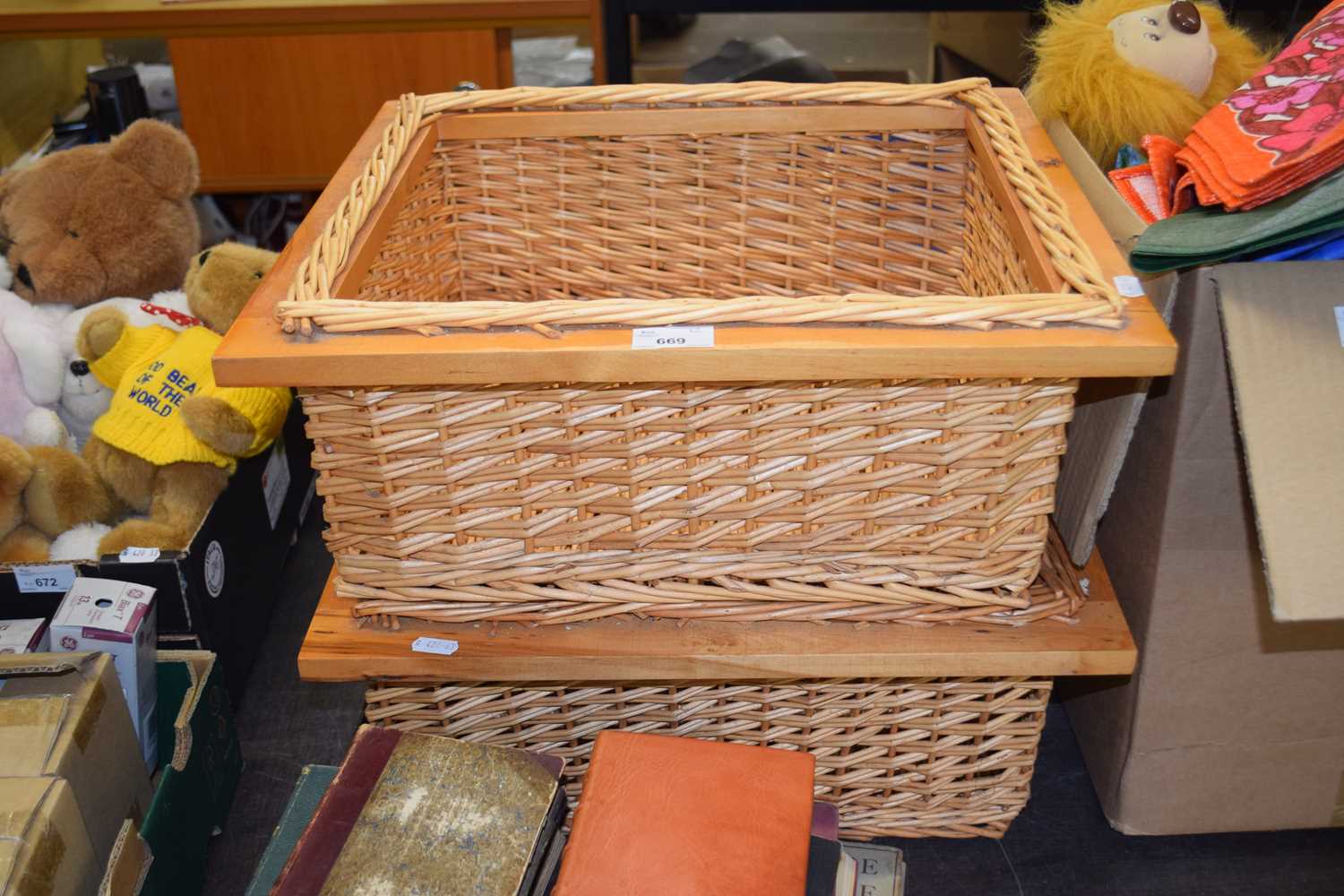 Two wicker baskets with wooden frames