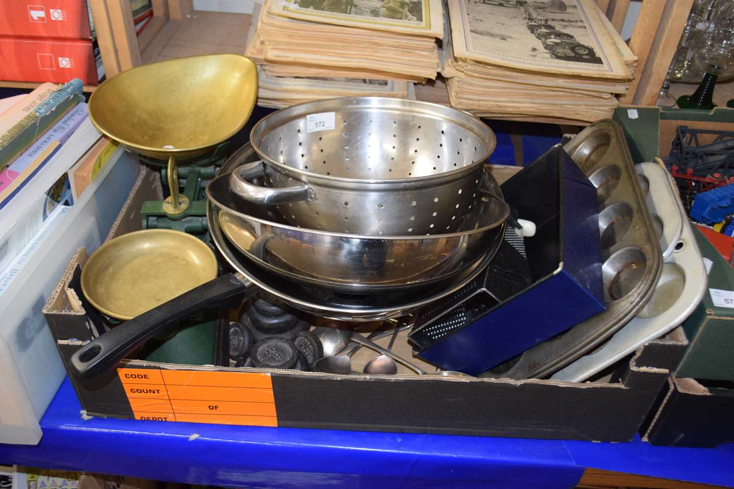 Box of various assorted kitchen wares to include vintage scales