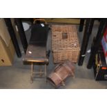 Mixed Lot: Wicker fishing basket, a bamboo framed stool and a case of lawn bowls