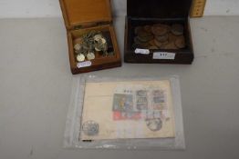 Two small boxes containing various coinage, necklace, mixed stamps and other items