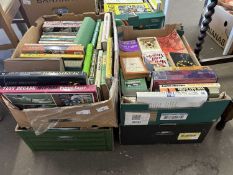 Four boxes containing a large quantity of various books including cricket/sporting interest etc