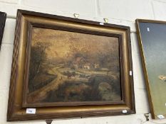 Framed oil on board, indistinctly signed, possibly Yoard, bridge with cattle