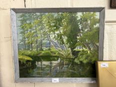 Framed oil on board signed F E Thomas, woodland stream