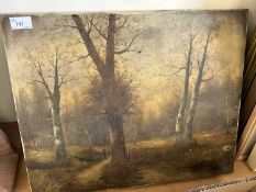 Unframed oil on canvas, woodland scene with figures