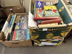 Three boxes containing a large quantity of various books including sporting/soccer interest,