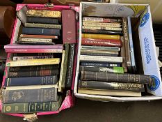 Two boxes containing a quantity of various hardback books including autobiographies, theatre