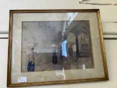 Framed watercolour, ladies carrying packages