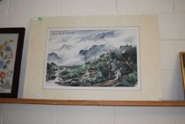 Modern Chinese school study of a mountain landscape, coloured print, mounted but not framed