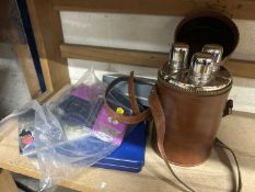 Mixed Lot: Travel licqueur set, various world coinage, cased spoons etc