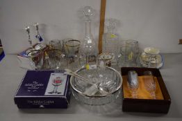 Mixed Lot: Various decanters, glass salad bowl, royal commemorative drinking glasses and tea wares