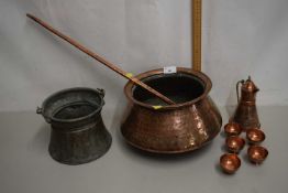 Group lot of copper wares comprising long handled spoon, jardiniere, small coffee set and a