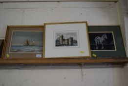 Mixed Lot: Coloured engraving of Caister Hall, a further monochrome study of a horse and a further