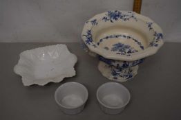 A blue and white pedestal bowl plus other ceramics