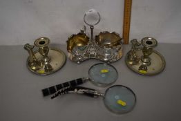Mixed Lot: Various silver plated wares to include a pair of chamber sticks plus further magnifying