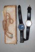 Mixed Lot: Two gents wristwatches and a simulated pearl necklace