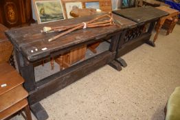 A pair of plank top rectangular side tables, possibly from a Chapel