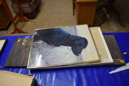 Mixed Lot: Needlework picture of a leopard, photographic print of a black labrador and a further