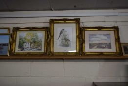 Sue Sim, study of Marsh Tits together with two further studies of rural scenes, gilt framed