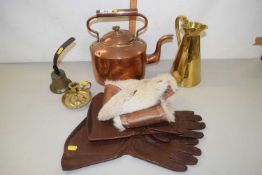 Mixed Lot: Copper kettle, brass jug, brass bell, candlestick and a pair of leather gloves and a