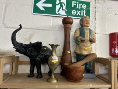 Mixed Lot: Ceramic figure, large pepper grinder, model elephant etc