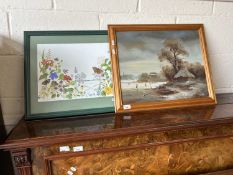 Modern oil on board study of a winter scene with skaters together with a further botanical study