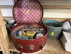 Case of various assorted badges and a mixed lot of marbles