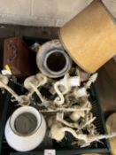 Box of various wall sconces, vases, table lamp etc