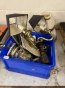 Box of various items to include a brass light fitting
