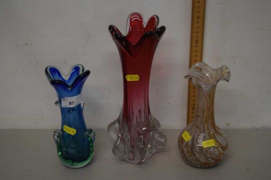 Group of three Art Glass vases comprising Murano and Isle of Scilly